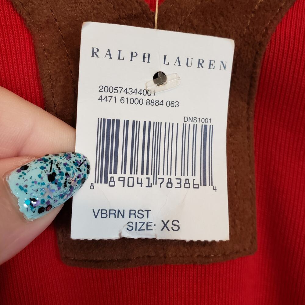 Lauren Ralph Lauren Red V-Neck Top‎ with Brown Faux Suede Trim Women's X Small - Picture 5 of 5